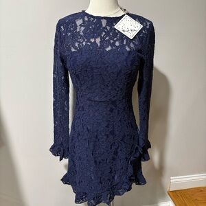 Angel Blue Lace Overlay Dress Long Sleeve Sz M Ruffle Hem NWT Navy Coquette
